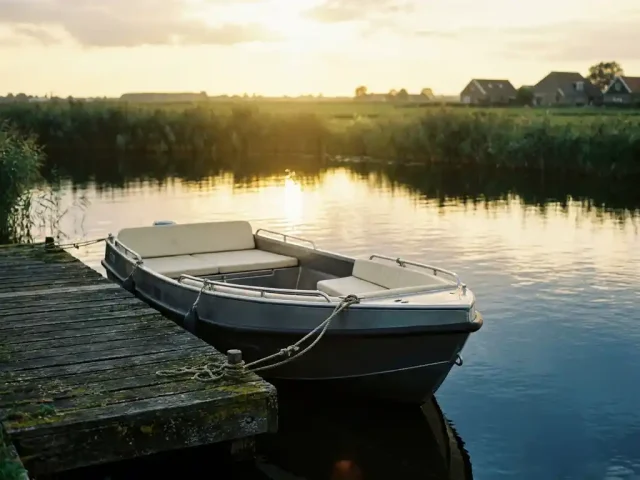 Compacte aluminium tender afgemeerd aan een verweerde houten steiger op rustig polderwater, met rietkragen en gouden middaglicht.