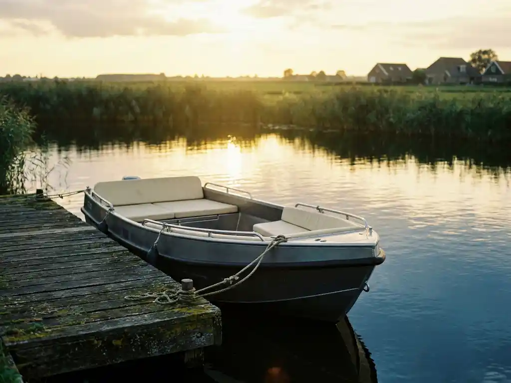 Compacte aluminium tender afgemeerd aan een verweerde houten steiger op rustig polderwater, met rietkragen en gouden middaglicht.