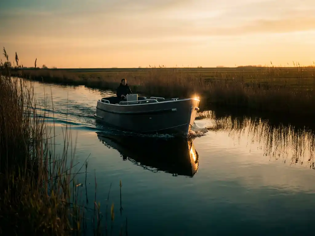 Aluminium tender glijdt door smal polderkanaal, antracietgrijze romp spiegelt in donker water, rietkragen en gouden avondlucht op de achtergrond.