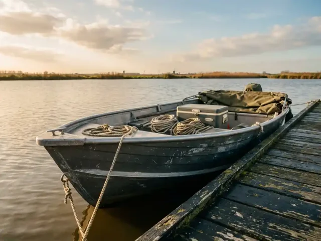 Aluminium tender met koelbox, touwrollen en gevouwen canvas afgemeerd aan verweerde houten steiger in Nederlandse polder, gouden middaglicht.