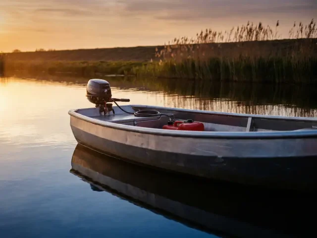 Aluminium tender op kalm polderwaterwater met buitenboordmotor, gouden middaglicht weerspiegeld in het stille water, rietkragen op de achtergrond.