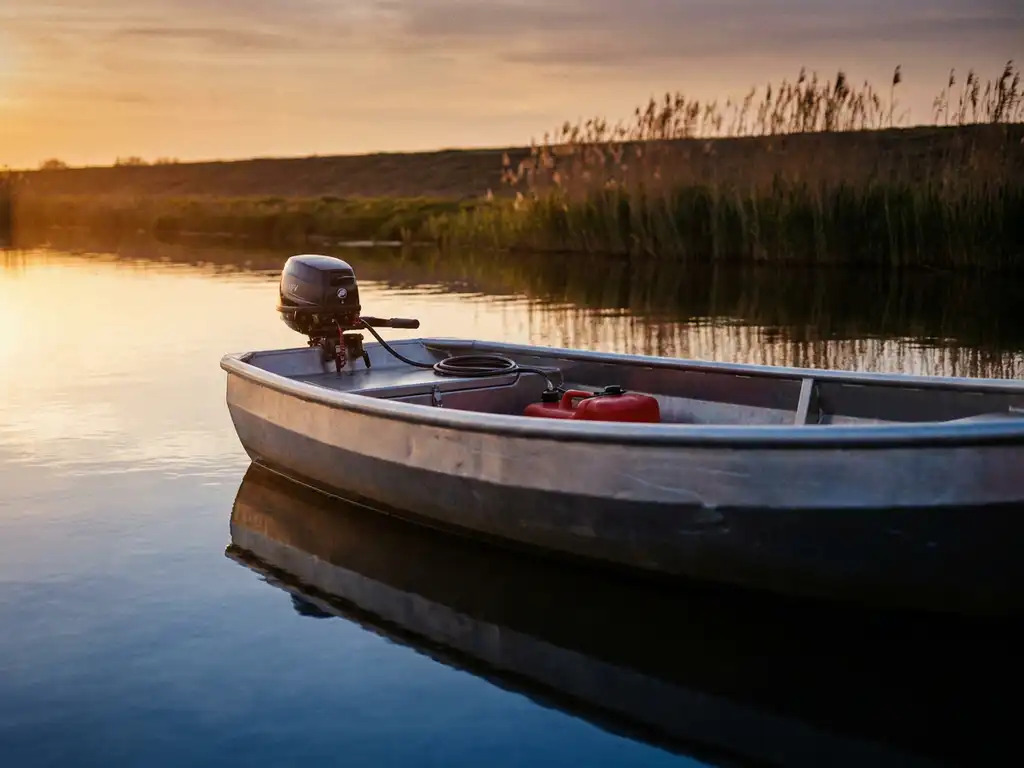 Aluminium tender op kalm polderwaterwater met buitenboordmotor, gouden middaglicht weerspiegeld in het stille water, rietkragen op de achtergrond.