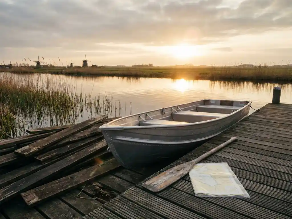 Aluminium tender op een houten steiger langs stil polderwater, met een houten roeispaan en gevouwen zeekaart, in gouden avondlicht.