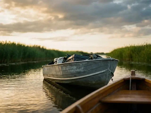 Beladen aluminium tender laag in het water van een Nederlandse polder, omgeven door rietkragen onder een gouden middaglucht.