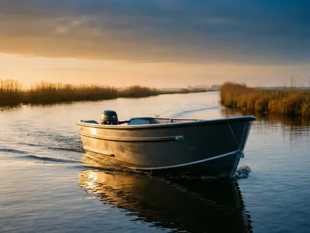 Slanke aluminium tender glijdt over stil polderwateer in gouden ochtendlicht, met antracietgrijze romp en zachte rietkragen op de achtergrond.