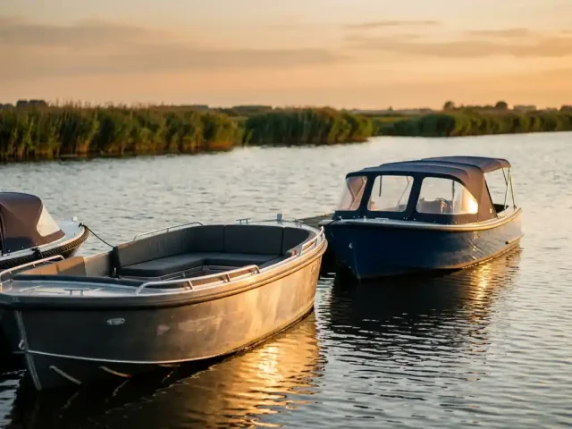 Twee aluminium tenders op rustig polderwaterwater bij gouden uur, open cockpit naast gesloten kajuit, rietkragen op achtergrond.