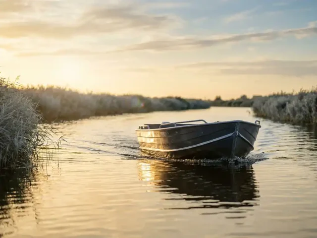 Aluminium tender vaart door ondiepe poldervaarweg bij gouden uur, met rietkragen en een weidse lucht op de achtergrond.