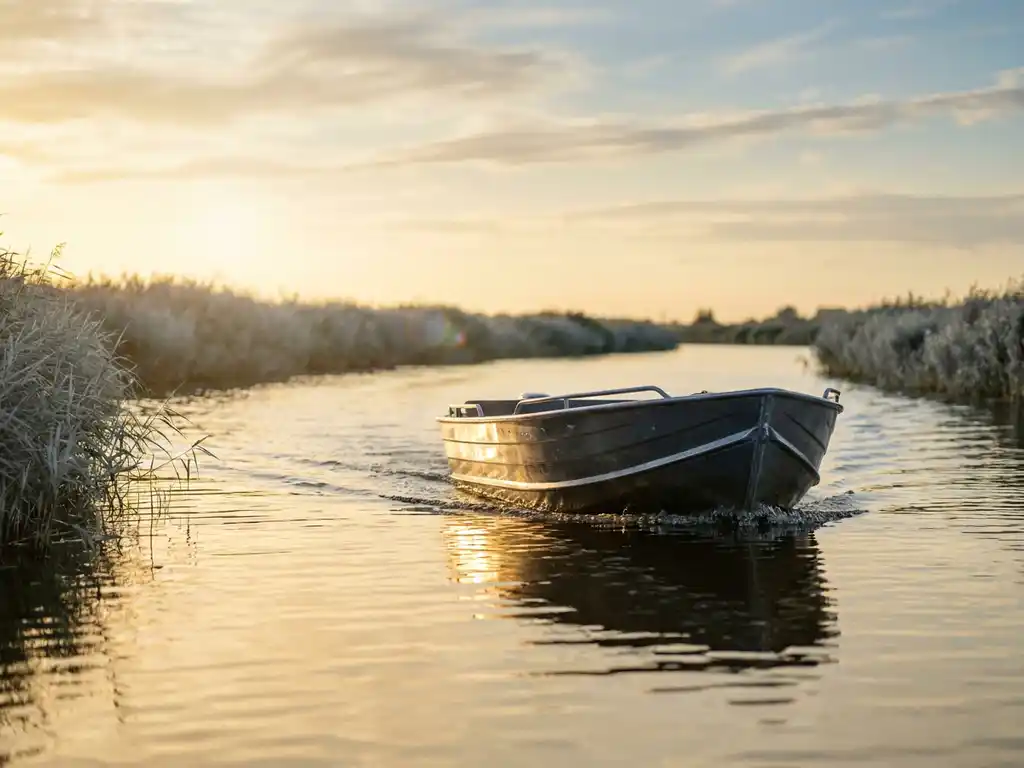 Aluminium tender vaart door ondiepe poldervaarweg bij gouden uur, met rietkragen en een weidse lucht op de achtergrond.