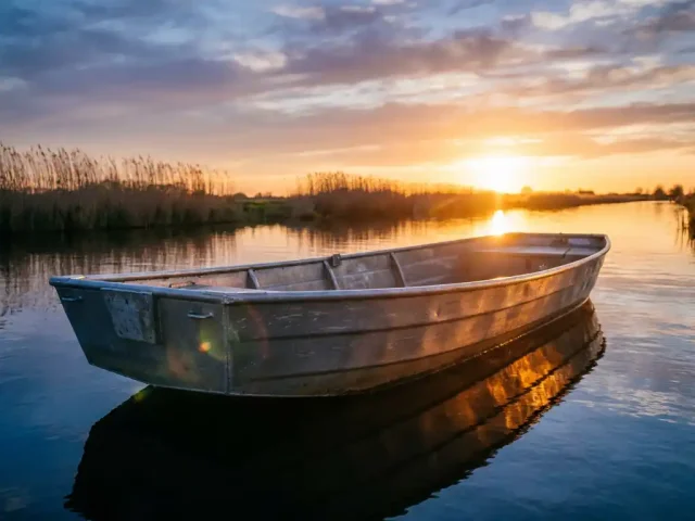 Aluminium tender op kalm polderwatert tijdens gouden uur, warme reflecties op de romp, rietkraag en open lucht op de achtergrond.
