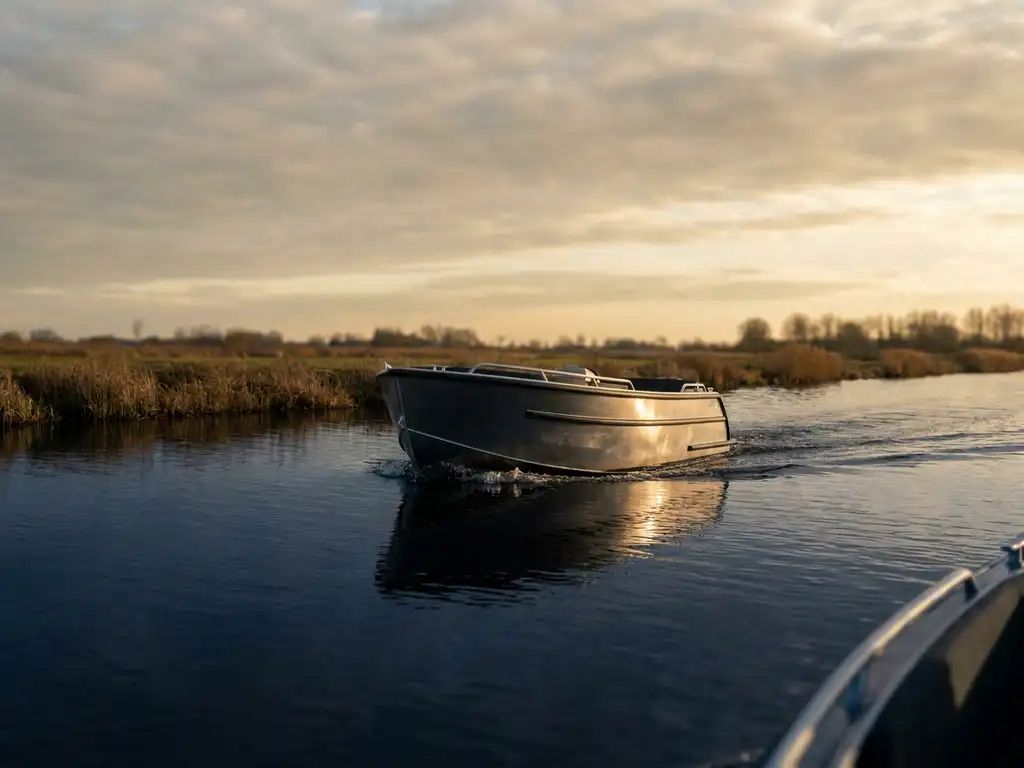 Antracietgrijze aluminium tender die bij gouden uur over kalm polderwater glijdt, omringd door lage rietkragen.