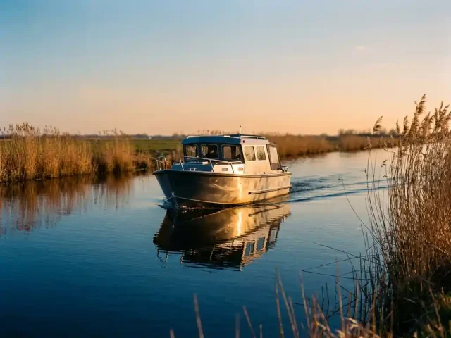 Aluminium tendervlet glijdt over rustig polderwater in Nederland, gouden middagzon weerspiegelt op de romp.
