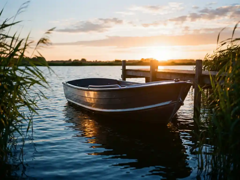 Antracietgrijze aluminium tender op kalm polderwaterin gouden avondlicht, omgeven door rietkragen met houten steiger op achtergrond.