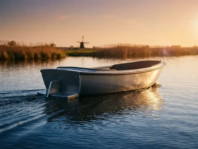 Aluminium tender boot glijdt over kalm polderwatermet zichtbare trimklep aan het heil, gouden middaglicht op de antracietgrijze romp.