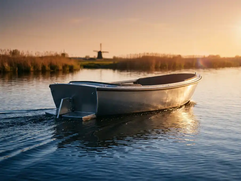 Aluminium tender boot glijdt over kalm polderwatermet zichtbare trimklep aan het heil, gouden middaglicht op de antracietgrijze romp.