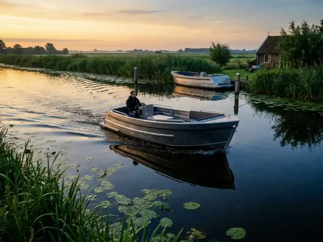 Aluminium tender vaart door een rustig Nederlands polderwater, omzoomd door riet en waterlelies in zacht ochtendlicht.