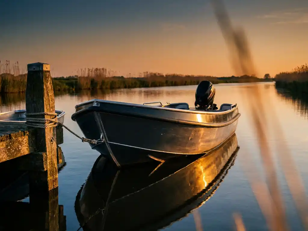 Aluminium tender afgemeerd aan verweerde houten steiger op rustig polderwatermet rietoevers, gouden uurticht en spiegelreflecties.