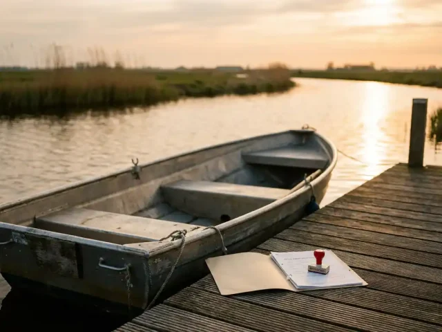 Klein aluminium tender op houten steiger met Nederlandse registratiedocumenten en rood stempel, polderwater op achtergrond.