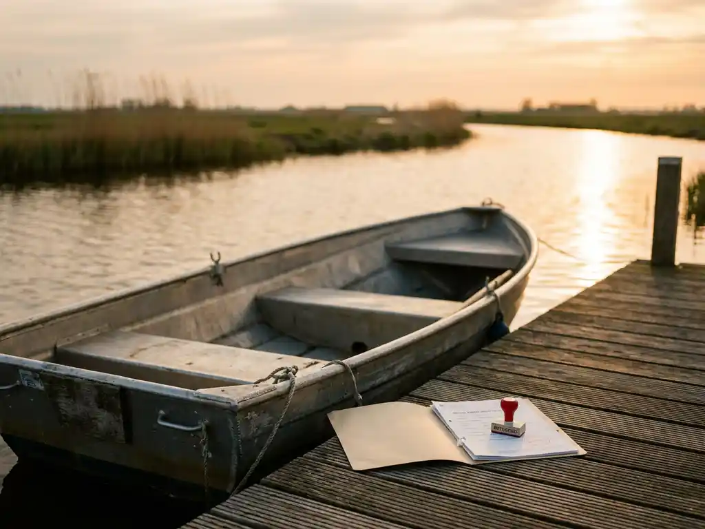 Klein aluminium tender op houten steiger met Nederlandse registratiedocumenten en rood stempel, polderwater op achtergrond.