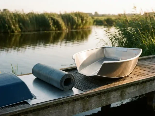 Aluminium tenderhuid dwarsdoorsnede op houten steiger met materiaalstalen: geborsteld aluminium, rubberslang en glasvezel, polderwater op achtergrond.