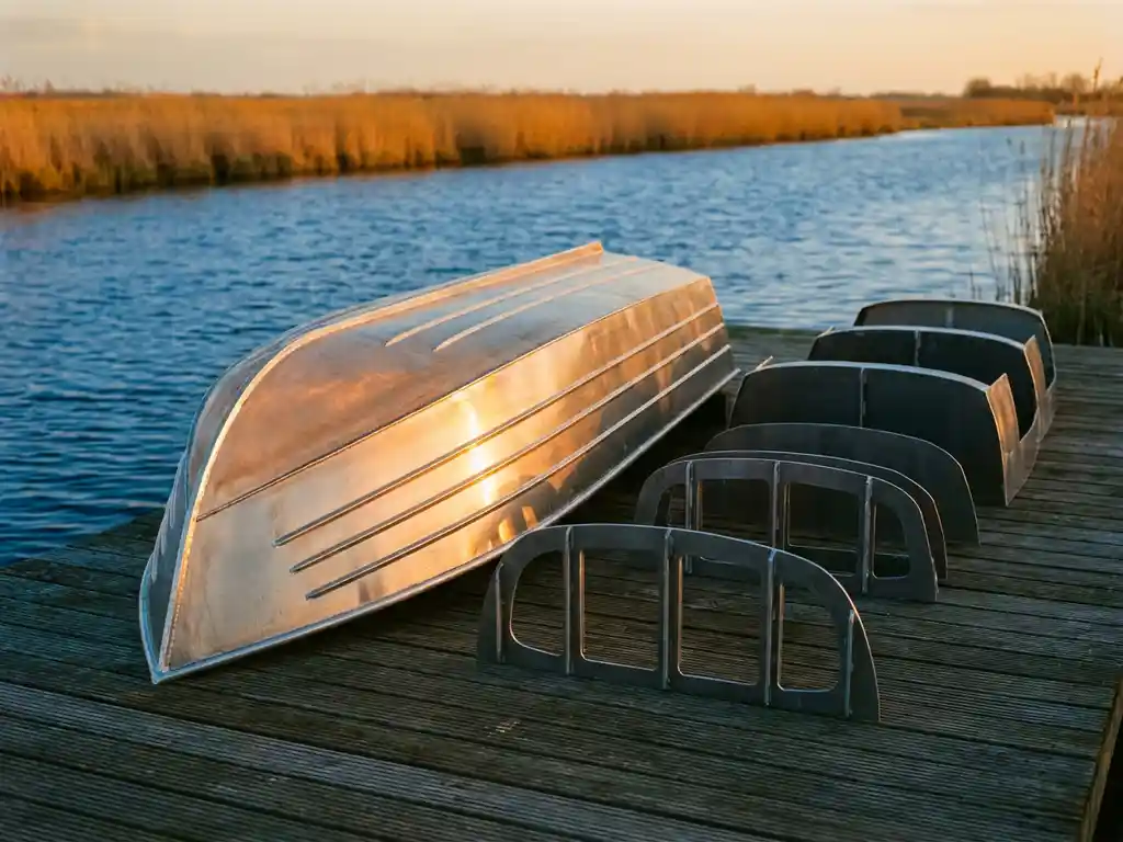 Aluminium tenderschepen op een houten steiger langs rustig polderwatermeer, gouden middagzon weerspiegelt op grijze rompen.