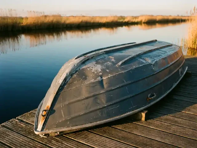 Verweerde aluminium tenderhull op een houten steiger langs rustig polderwat, met rietkragen en gouden avondlicht dat de textuur accentueert.