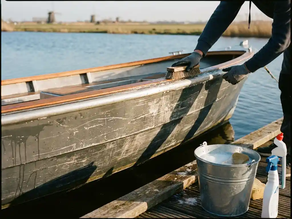 Verweerde aluminium tenderscheepsromp wordt geschrobd met een stijve borstel op een houten steiger, emmer zeepwater en reinigingsmiddelen nabij, rustig polderwater op de achtergrond.