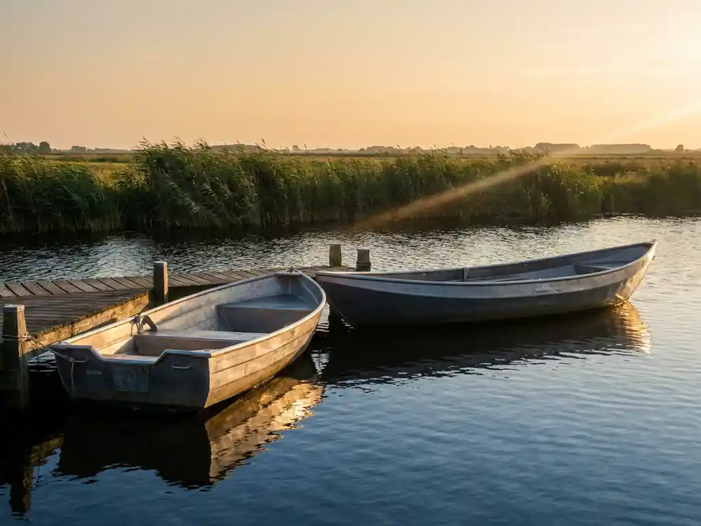 Compacte aluminium tendersloep afgemeerd naast een grotere aluminium sloep aan een houten steiger in de Nederlandse polder.