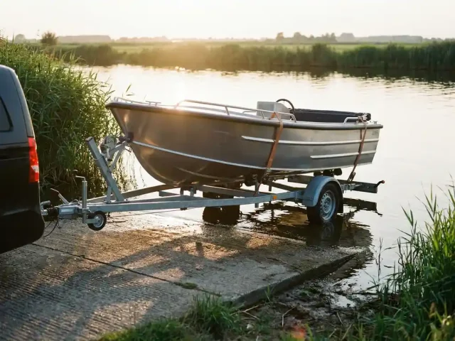 Aluminium tender op verzinkte boottrailer die wordt achteruitgereden naar een betonnen helling aan rustig polderwater, omgeven door groene rietkragen.