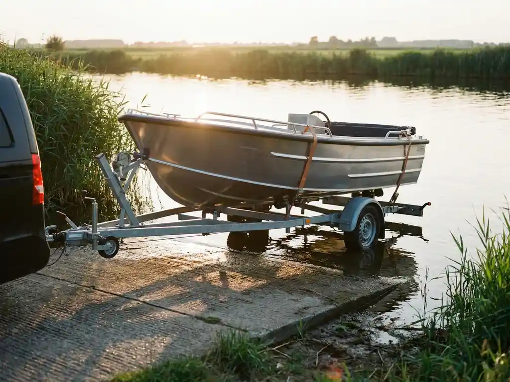 Aluminium tender op verzinkte boottrailer die wordt achteruitgereden naar een betonnen helling aan rustig polderwater, omgeven door groene rietkragen.