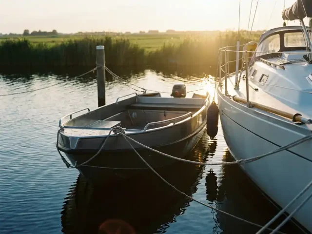 Antracietgrijze aluminium tender afgemeerd naast witte zeilboot op Nederlands binnenwater, gouden uurtje reflecties op het water.