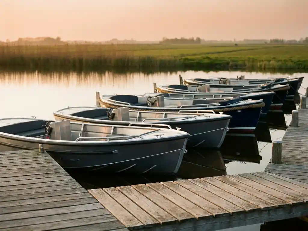 Aluminium sloepen en tenders op een houten steiger langs rustig polderwatermeer, gouden-uurlicht op antraciet en marineblauw gekleurde rompen.