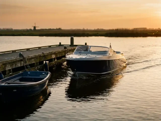 Aluminium speedboot vaart door polderwater naast een tender bij een verweerde houten steiger, gouden uurstemming weerspiegeld op het water.
