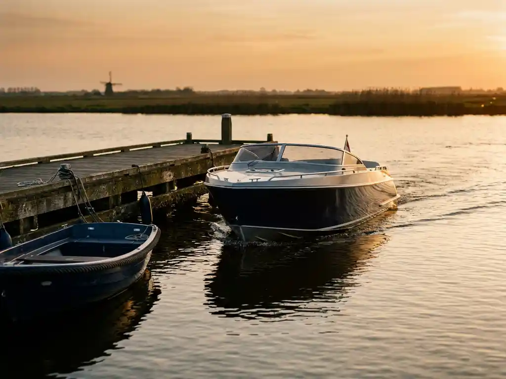 Aluminium speedboot vaart door polderwater naast een tender bij een verweerde houten steiger, gouden uurstemming weerspiegeld op het water.