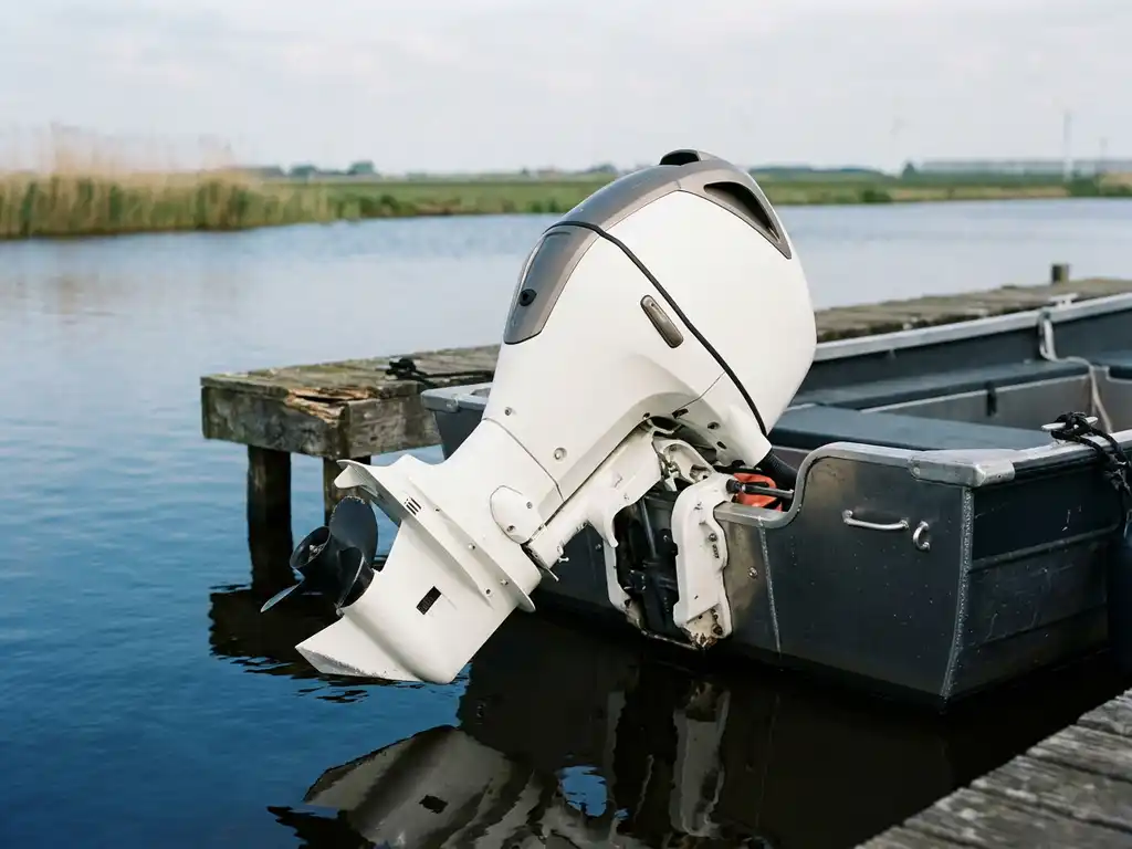 Buitenboordmotor op aluminium tender afgemeerd aan houten steiger in Nederlands polderwater, rietkragen op achtergrond.