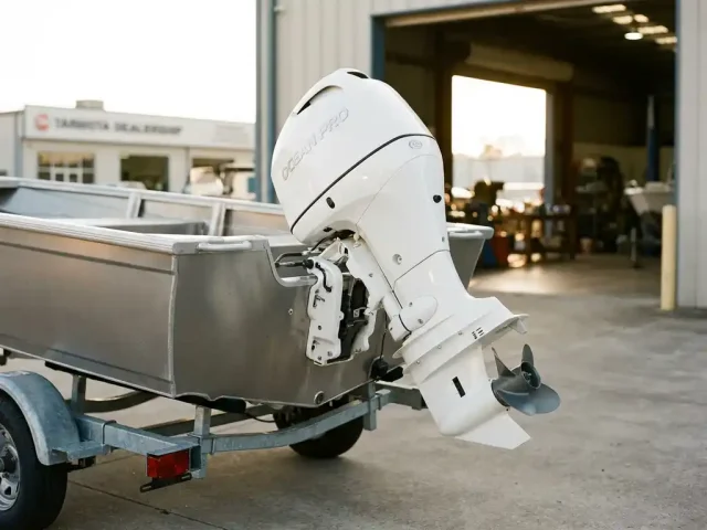 Witte buitenboordmotor op het achterschip van een aluminium tender op een boottrailer buiten een dealership.