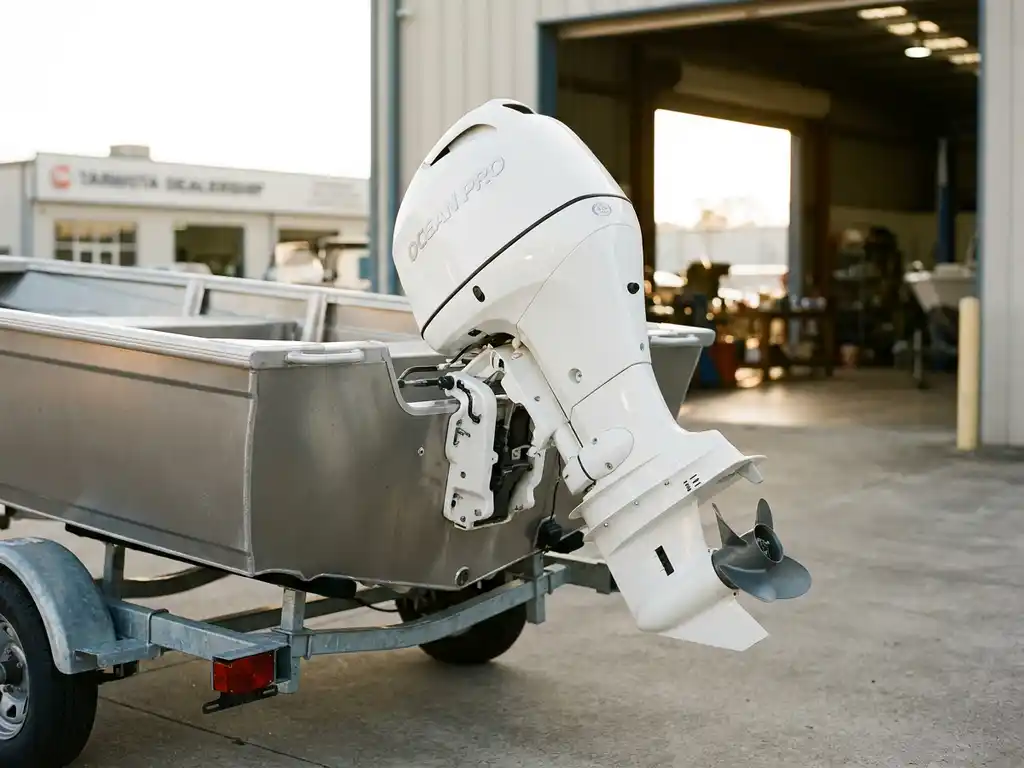 Witte buitenboordmotor op het achterschip van een aluminium tender op een boottrailer buiten een dealership.