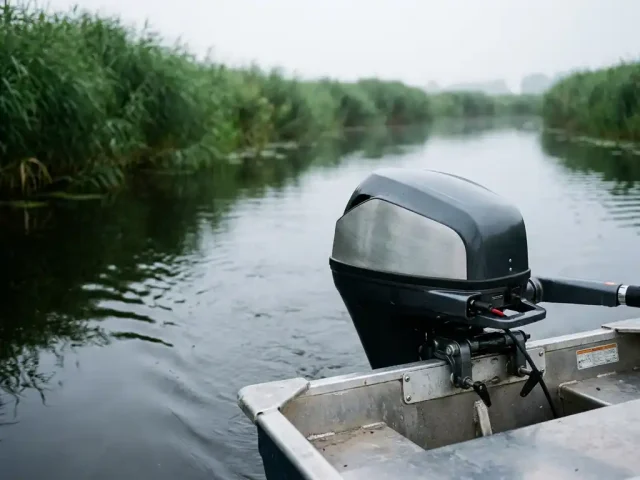 Elektrische buitenboordmotor op aluminium tender vaart stil door een Nederlandse polderwaterweg met groene rietkraag.