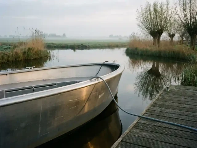 Elektrische sloep aangesloten op laadkabel bij houten steiger in Nederlandse polderwaterweg, omgeven door riet in ochtendlicht.