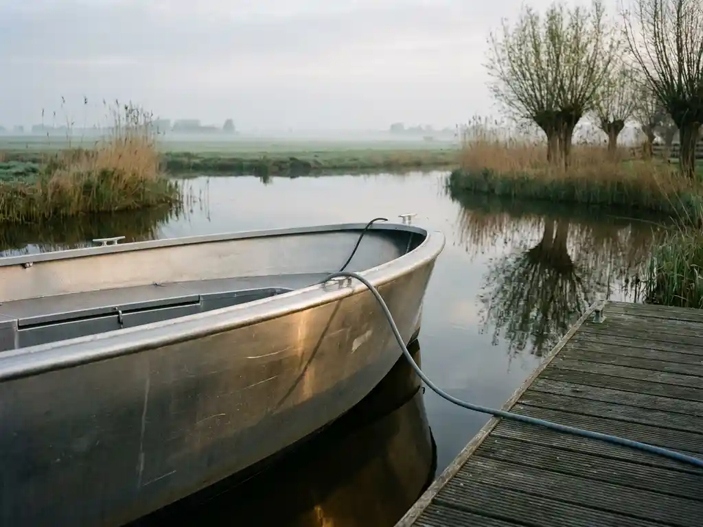 Elektrische sloep aangesloten op laadkabel bij houten steiger in Nederlandse polderwaterweg, omgeven door riet in ochtendlicht.