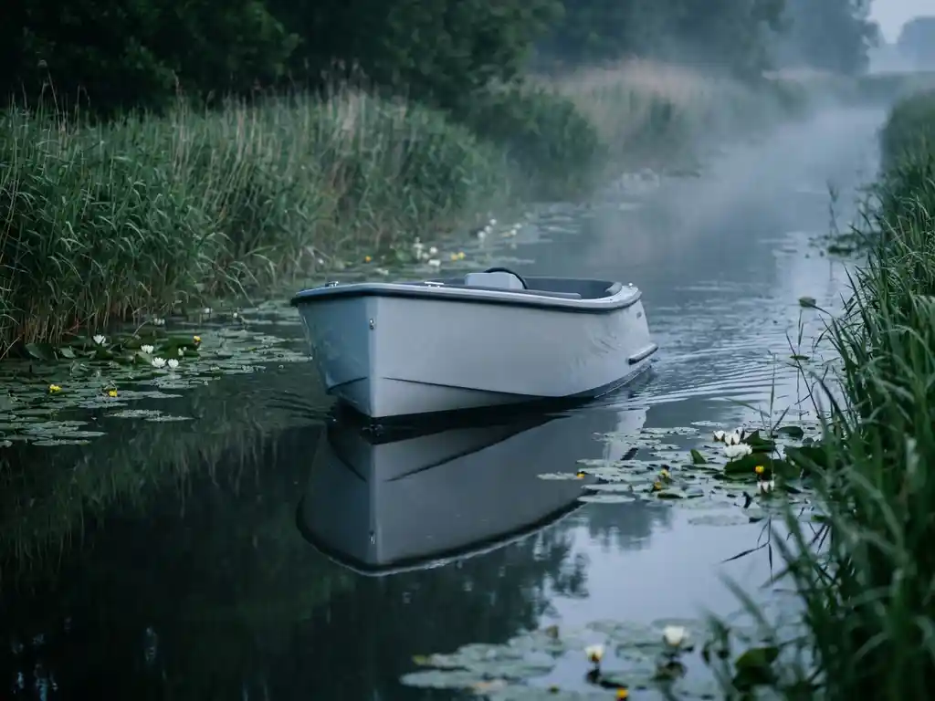 Elektrische tender boot vaart geruisloos door een Nederlands polderlandschap met rietkragen en waterlelies in ochtendmist.