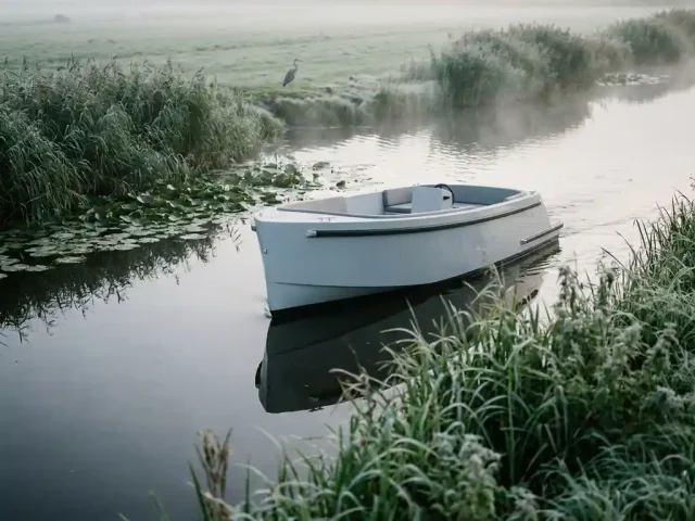 Elektrische tender boot glijdt stil door Hollands polderwater, omgeven door riet en waterlelies, met vroege ochtendmist en een reiger op de oever.