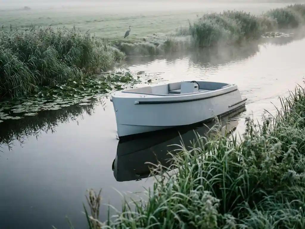 Elektrische tender boot glijdt stil door Hollands polderwater, omgeven door riet en waterlelies, met vroege ochtendmist en een reiger op de oever.