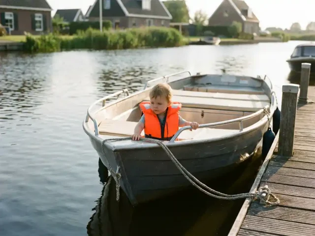 Kind in oranje zwemvest zit rustig in aluminium sloep bij houten Hollandse kadesteiger, handen op de dolleboord.