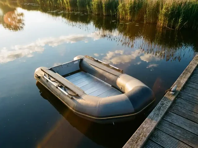 Opblaasbare rubberboot met aluminium vloer naast houten steiger op rustig Nederlands polderwater in warm middaglicht.