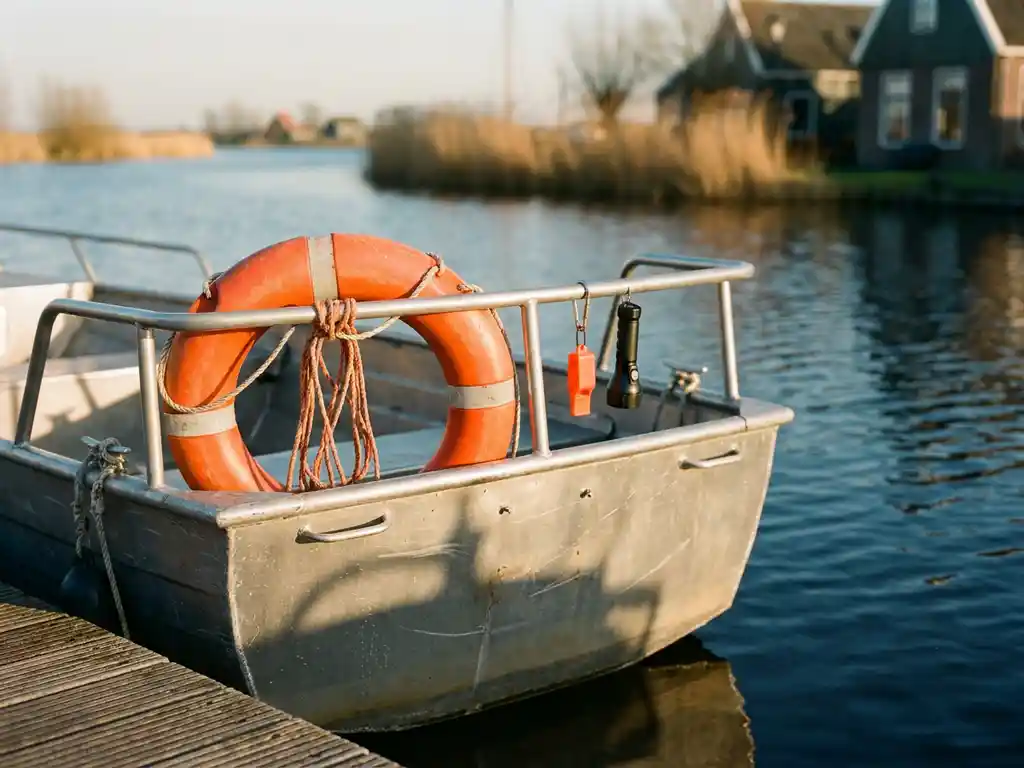 Oranje reddingsring op het achtersteven van een aluminium tender, met veiligheidsfluiten en zaklamp, kalm polderwateroppervlak op de achtergrond.