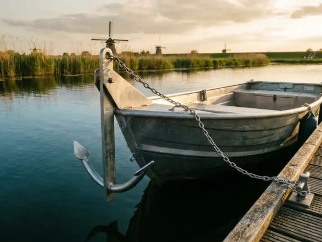 Roestvrijstalen anker in kalm polderwater naast aluminium tender aan houten steiger, ankerketting strak over de reling, gouden middaglicht.