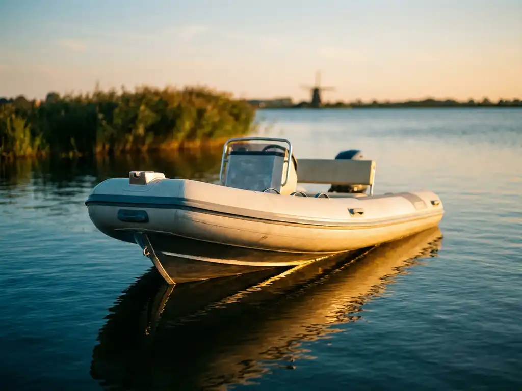 Semi-rigide rubberboot met aluminium romp en opblaasbare buizen op rustig Nederlands polderwater, gouden middaglicht.
