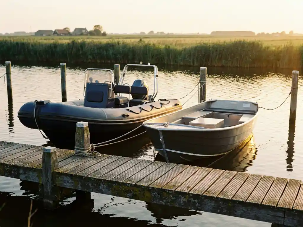 Opblaasbare RIB en aluminium sloep afgemeerd aan een verweerde houten steiger in het Nederlandse polderlandschap bij gouden middaglicht.