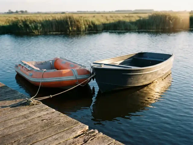 Opblaasbare rubberboot en aluminium tender afgemeerd aan een verweerde houten steiger op rustig Nederlands polderwater bij gouden middaglicht.