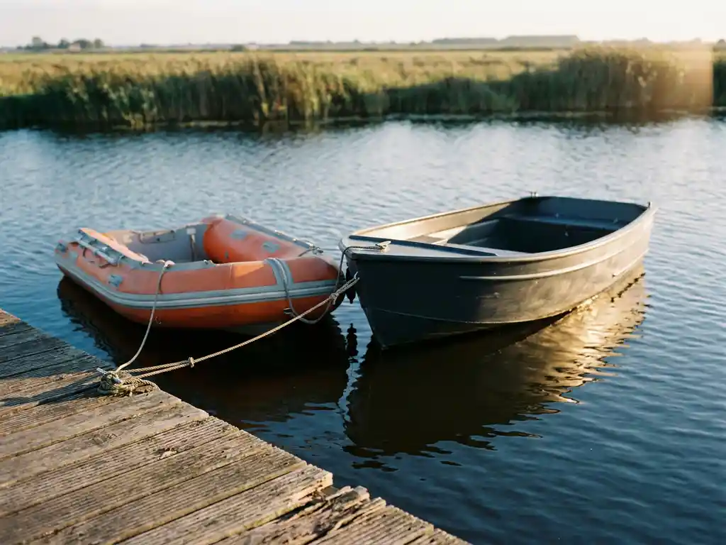 Opblaasbare rubberboot en aluminium tender afgemeerd aan een verweerde houten steiger op rustig Nederlands polderwater bij gouden middaglicht.